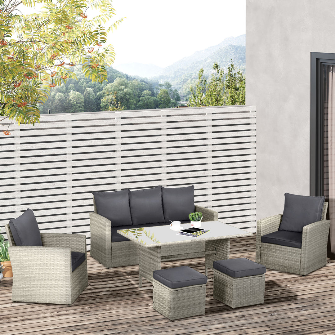 Outsunny 6 PCS Outdoor Patio PE Rattan Wicker Tempered Glass Dining Table Sets for Garden Backyard w/ Cushions & Mixed Grey