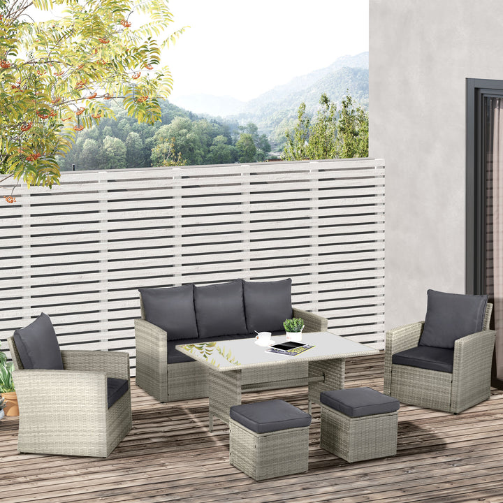 Outsunny 6 PCS Outdoor Patio PE Rattan Wicker Tempered Glass Dining Table Sets for Garden Backyard w/ Cushions & Mixed Grey