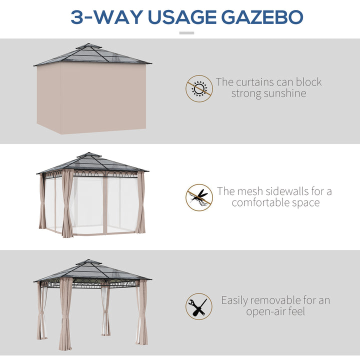 3 x 3 (m) Outdoor Polycarbonate Gazebo, Double Roof Hard Top Gazebo with Galvanized Steel Frame, Nettings & Curtains