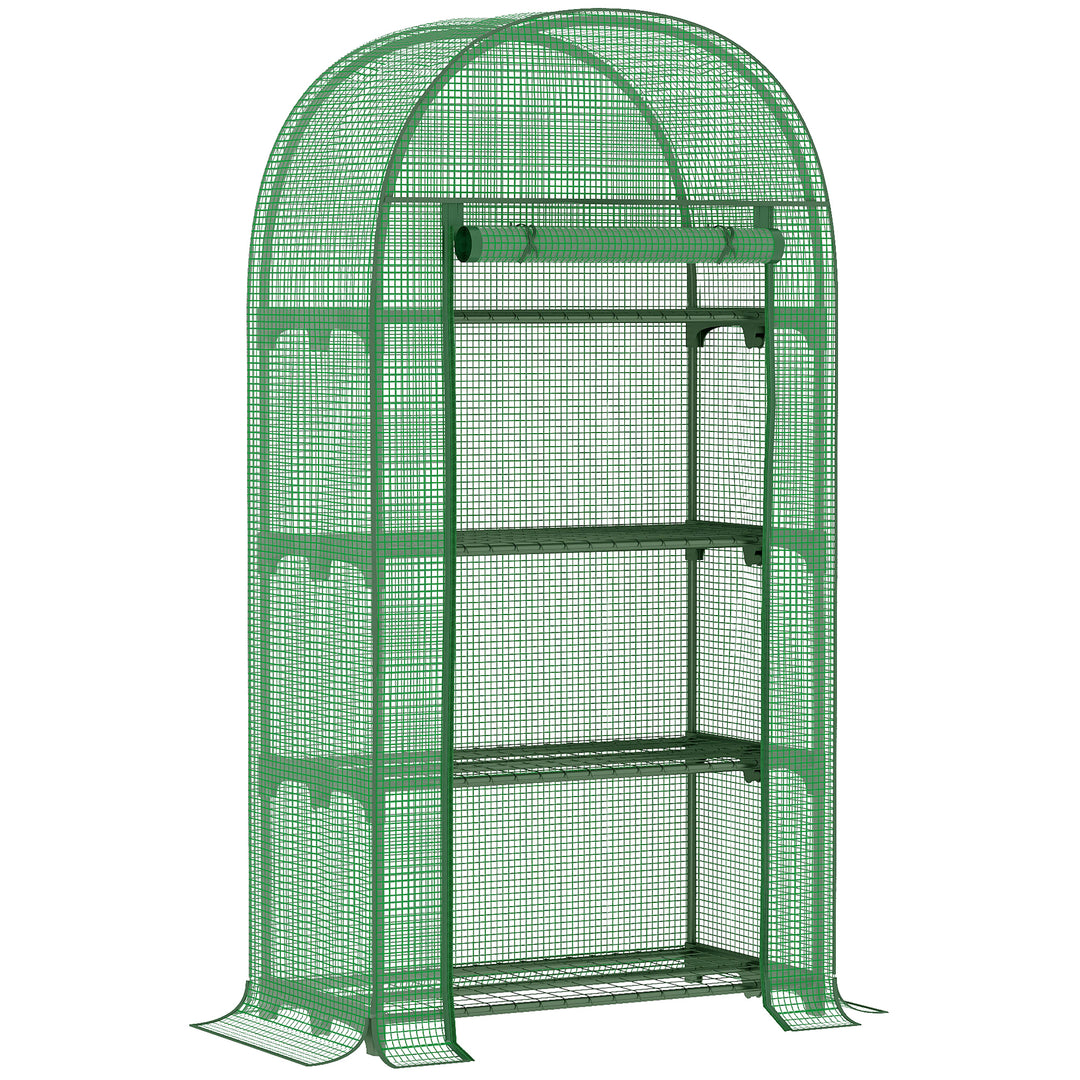 Outsunny 80x49x160cm Mini Greenhouse for Outdoor, Portable Gardening Plant with Storage Shelf, Roll-Up Zippered Door, Metal Frame and PE Cover, Green