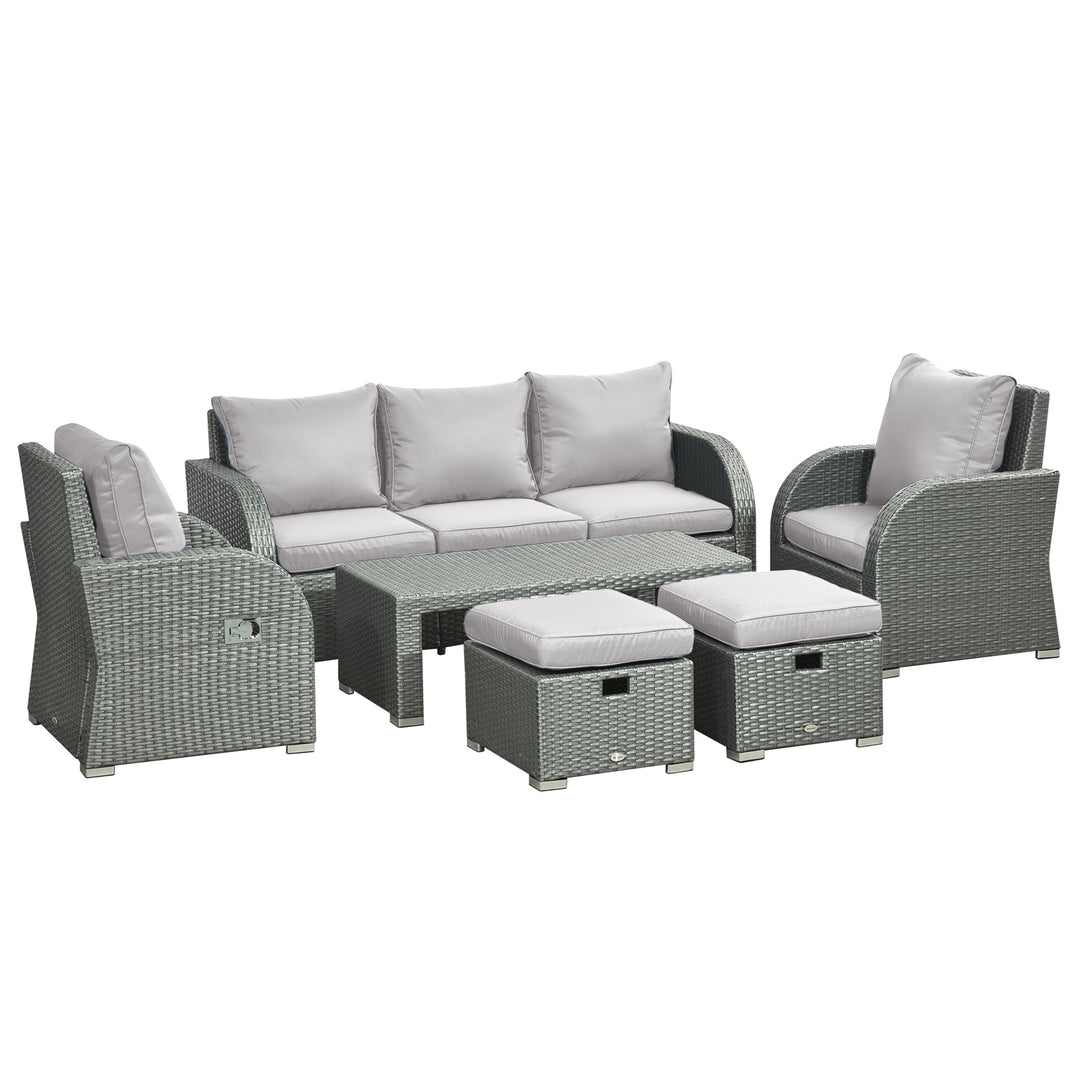 7-Seater Rattan Garden Furniture w/ Coffee Table Footstool Space-saving Patio Wicker Weave Reclining Chair Set, Light Grey