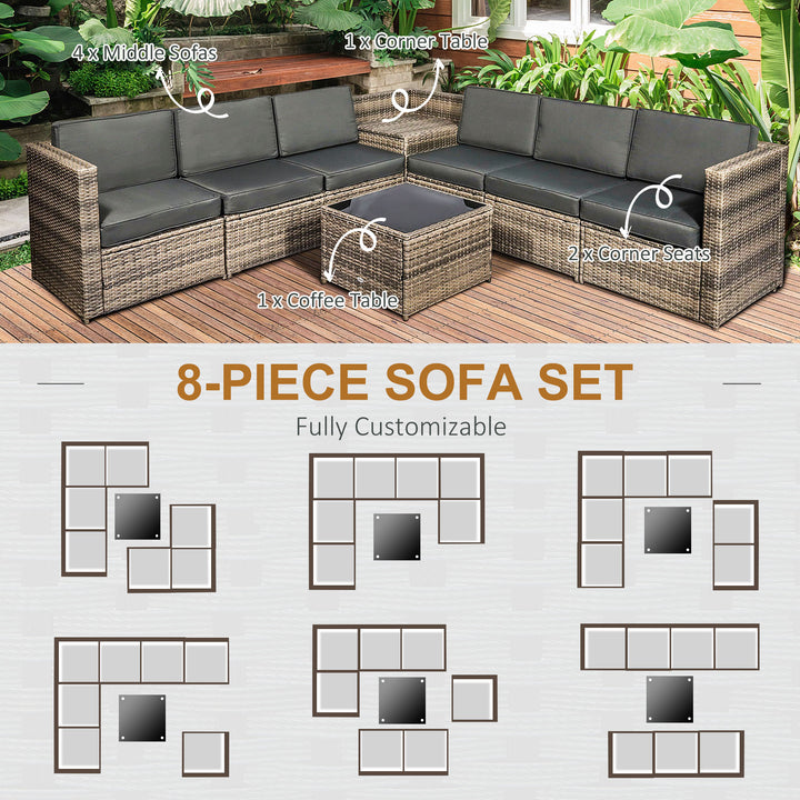 6-Seater Outdoor Rattan Wicker Sofa Set with Hidden Storage Side Table and Cushions, Mixed Brown
