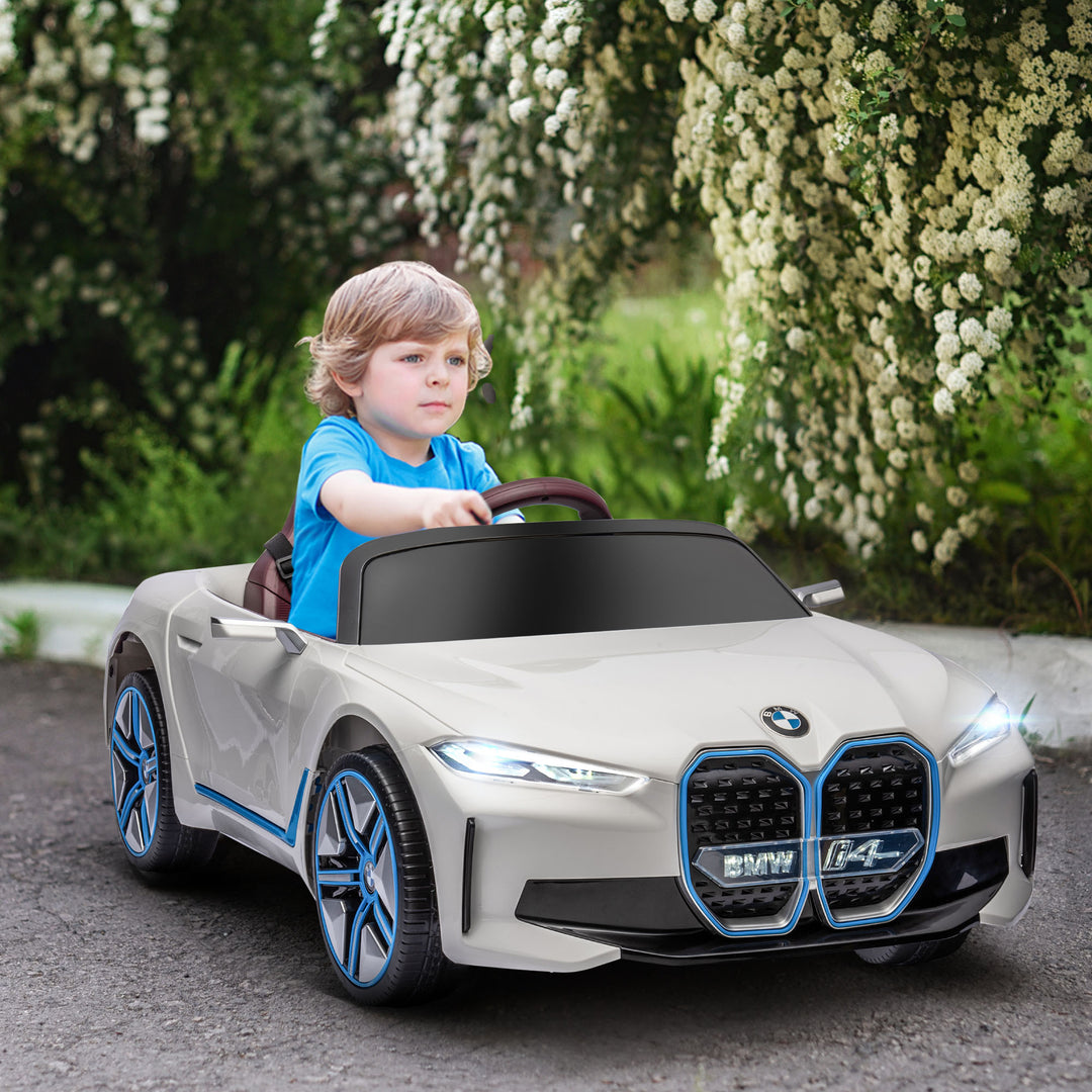 BMW i4 Licensed 12V Kids Electric Ride on Car with Remote Control, Powered Electric Car with Portable Battery, Music, Horn, Headlights, MP3 Slot, Suspension Wheels, for Ages 3-6 Years - White