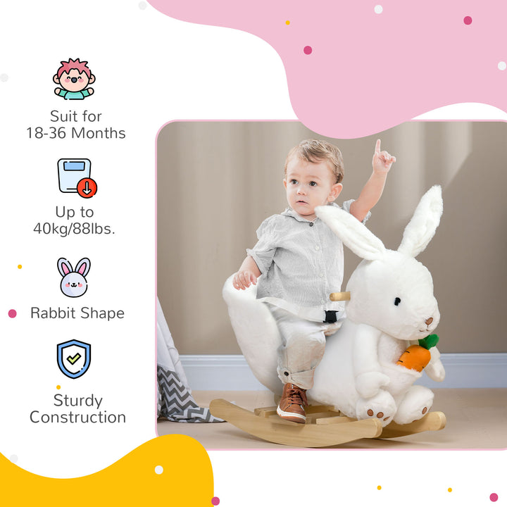 Kids Rocking Horse, Plush Rocking Chair Rabbit Shape w/ Safety Harness, Realistic Sound, Foot Pedals, for Toddler Aged 18-36 Months, White