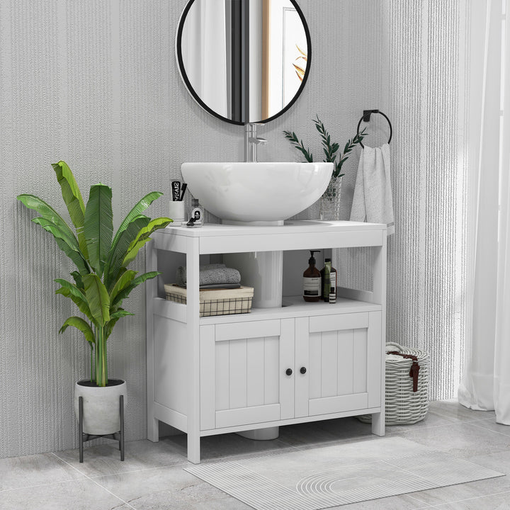 Pedestal Under Sink Cabinet with Double Doors, Modern Bathroom Vanity Storage Unit with Shelves, White