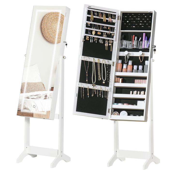 Jewellery Cabinet with LED Light, Lockable Jewellery Organiser with Full-Length Mirror for Bedroom Dressing Room, White