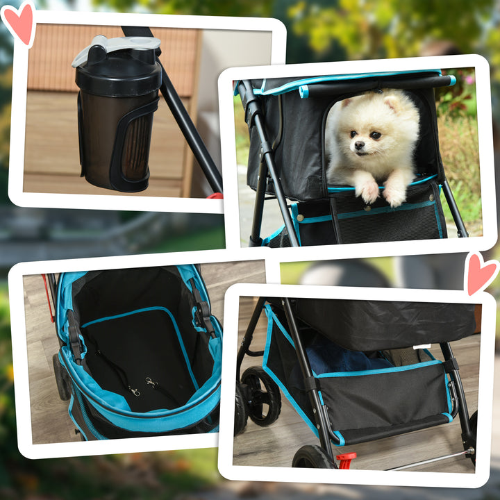 PawHut Pet Stroller Pushchair Travel One-Click Fold Trolley with EVA Wheels Brake Removable Cloth Basket Bottle Holder Adjustable Canopy Safety Leash