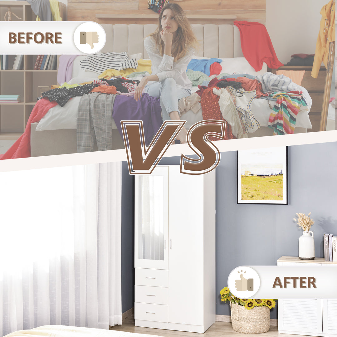 Modern Mirror Wardrobe 2 Door Storage Cupboards Home Storage Organisation Furniture with Adjustable Shelf, 3 Drawers, 80W x 50D x 180Hcm-Whit