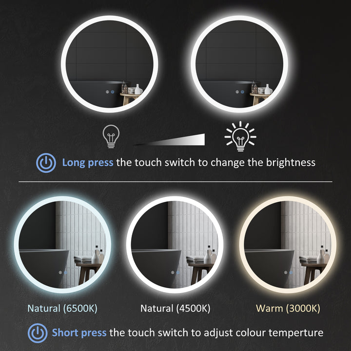 Round Bathroom Mirror with LED Lights, 3 Temperature Colours, Defogging Film, Aluminium Frame, Hardwired, 60 x 60Êcm