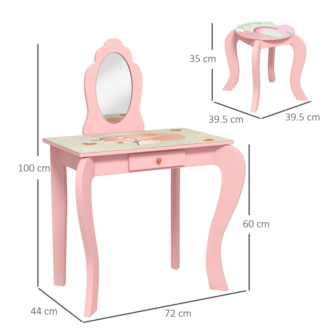 Kids Dressing Table with Mirror and Stool, Girls Vanity Table Makeup Desk with Drawer for 3-6 Years - Pink