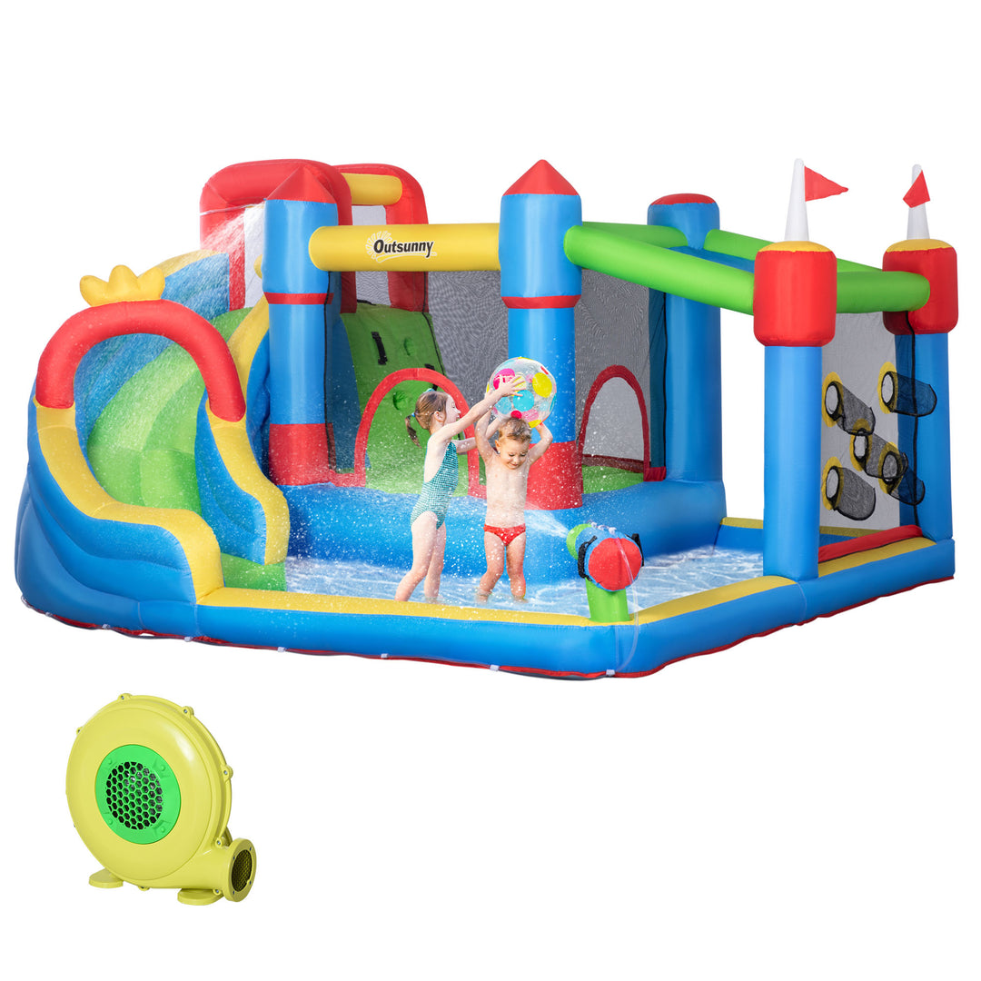 5 in 1 Kids Bounce Castle Large Castle Style Inflatable House Slide Trampoline Pool Water Gun Climbing Wall for Kids Age 3-8