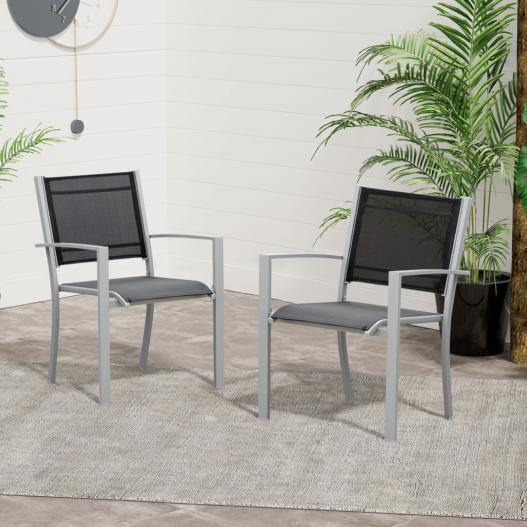Set Of 2 Outdoor Chairs Square Steel Frame Texteline Seats Foot Caps Mesh Boxy Comfortable Easy Clean Black Grey