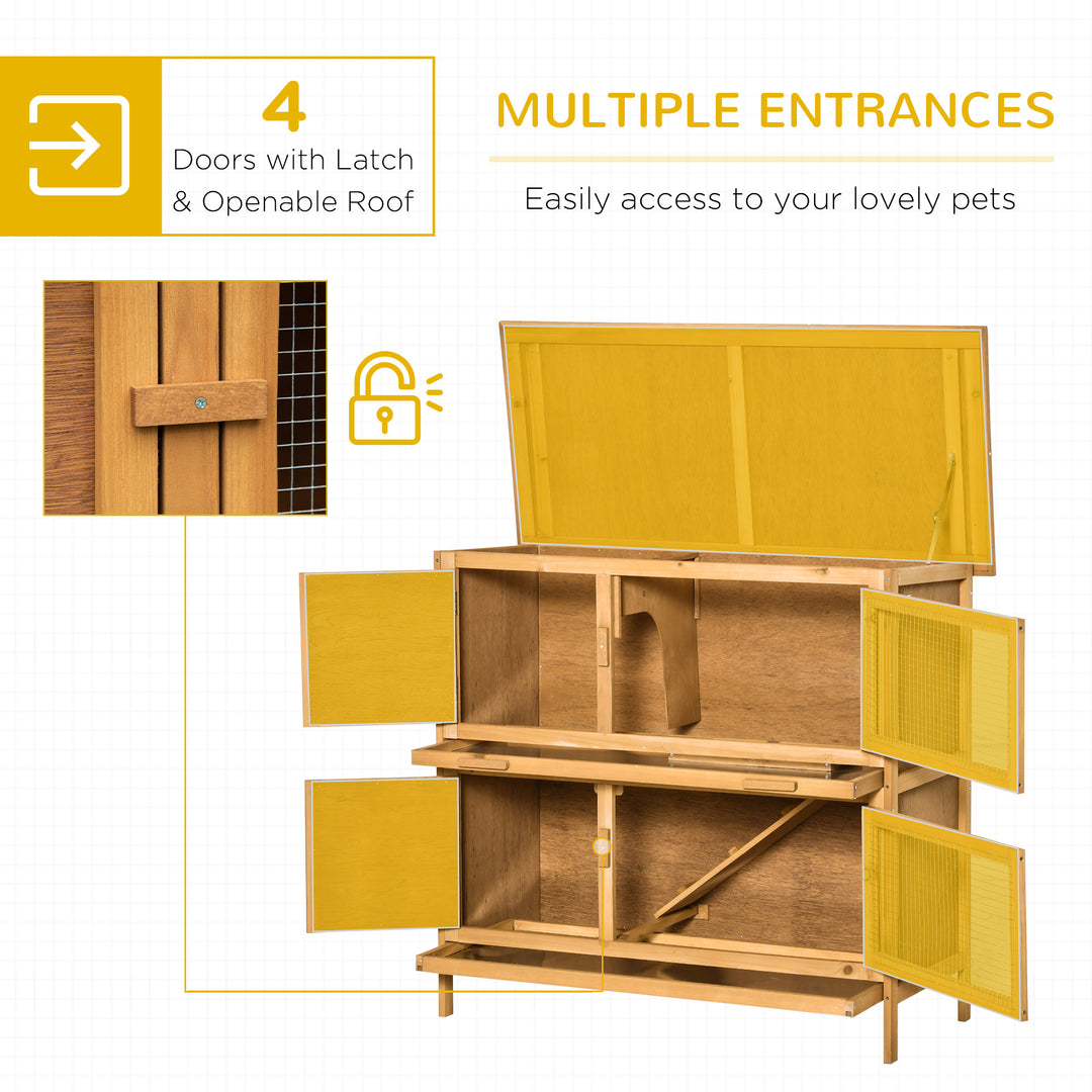 Double Decker Rabbit Hutch 2-Tier Guinea Pig House Pet Cage Outdoor with Sliding-out Tray Asphalt Roof Ramp, 100x47x91cm, Yellow