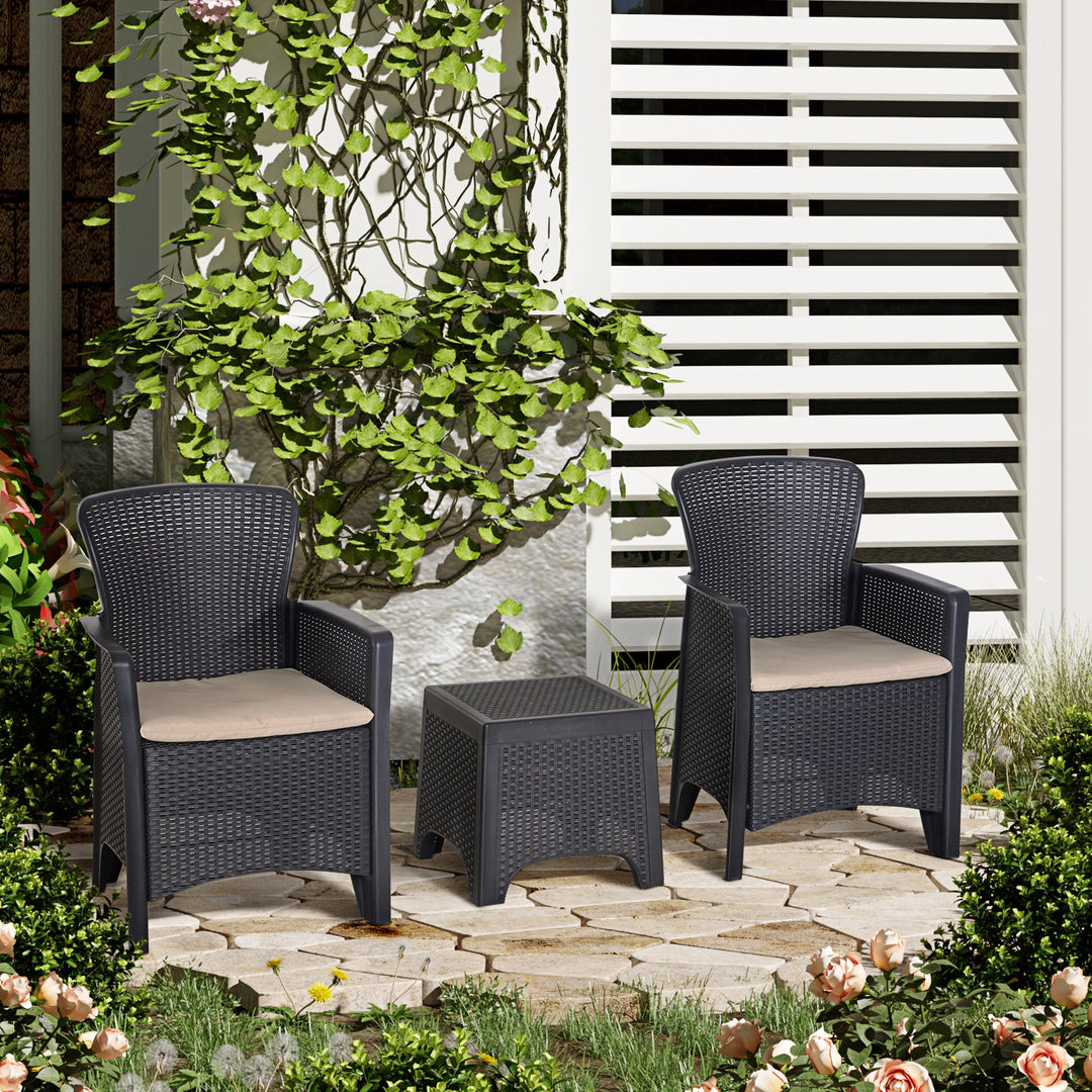 3 PCS Rattan Effect Garden Bistro Set  2 Chairs & Coffee Table Set with Cushion Patio Lawn Balcony Furniture - Dark Brown