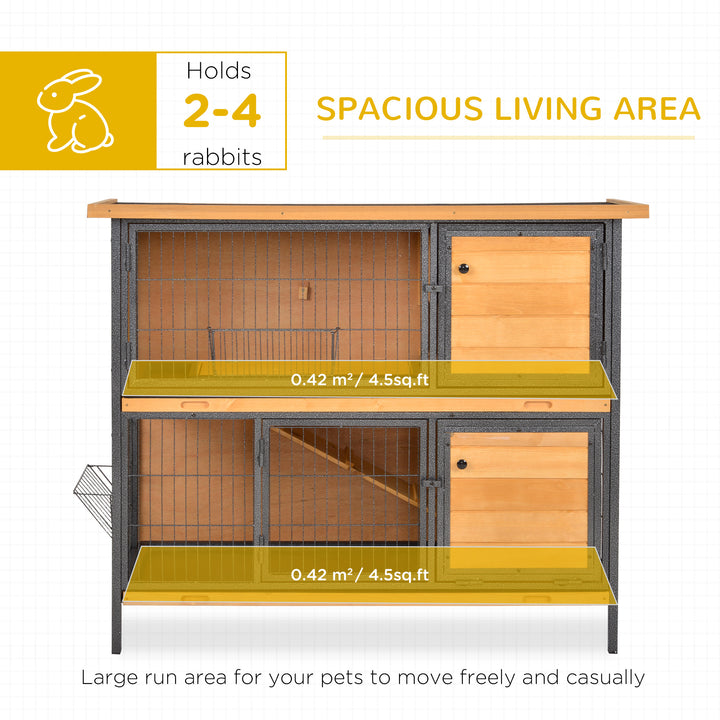 2-Floor Wooden Rabbit Hutch Bunny Cage Metal Frame Pet House with Slide-Out Tray Feeding Trough Ramp Lockable Door Openable Roof