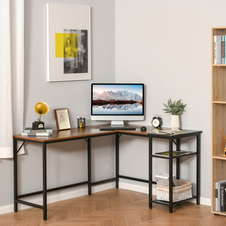 HOMCOM L-Shaped Computer Desk Industrial Cornor Writing Desk with Adjustable Storage Shelf Space-Saving Home Office Workstation Rustic Brown