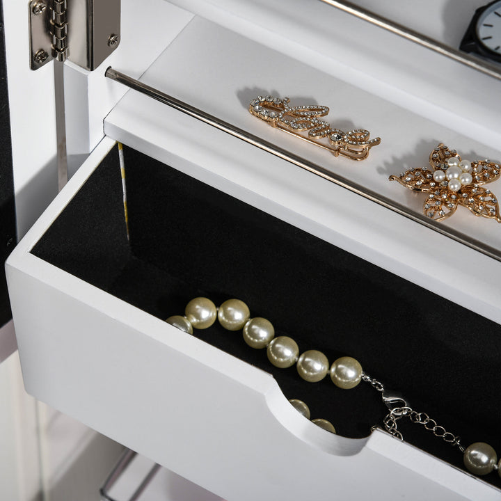 Jewellery Storage Mirror Cabinet Wall Mounted or Door Hanging w/ Hooks Shelves Drawer 18 Lights Brush Holder Vanity Makeup White