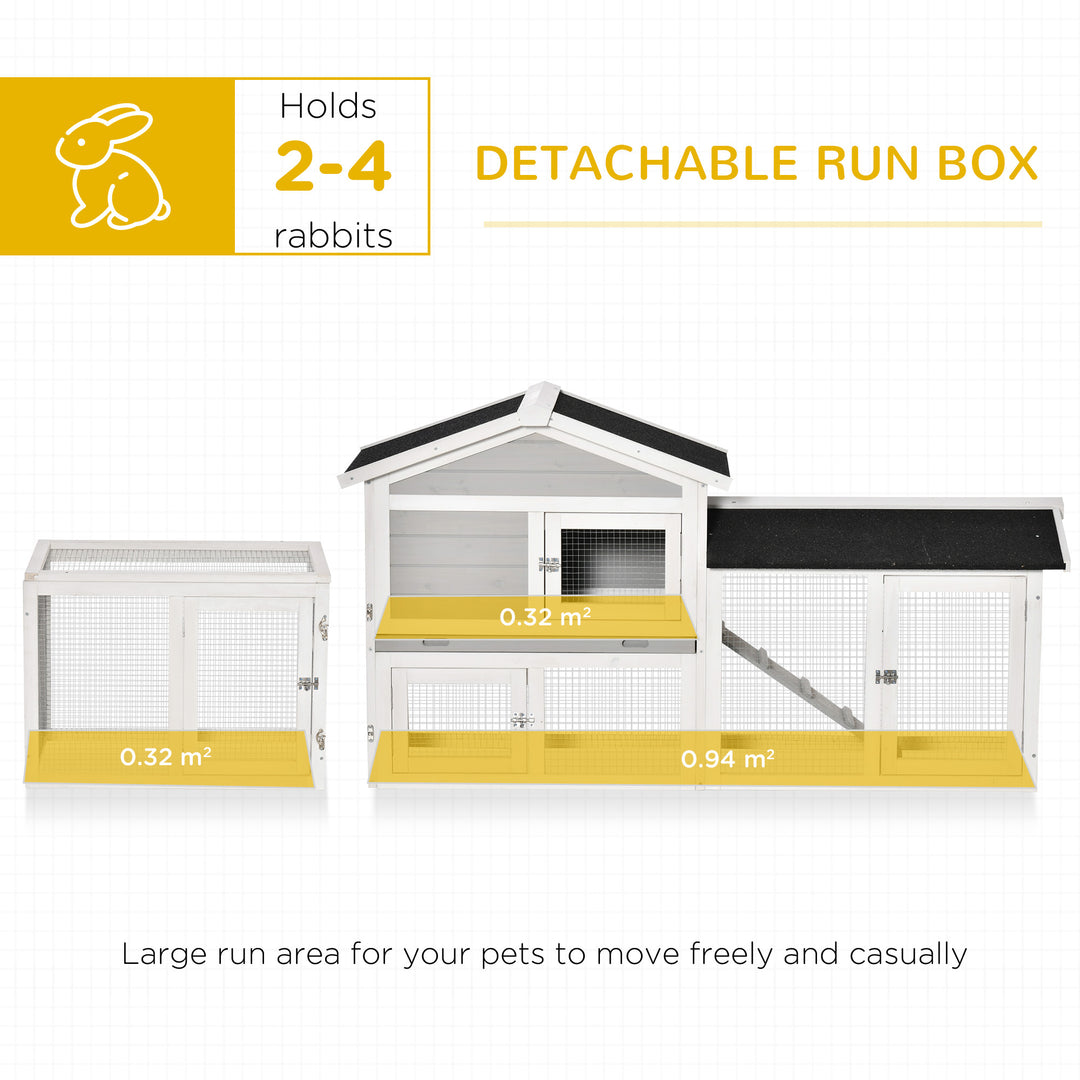 PawHut 2 Tier Wooden Rabbit Hutch Small Pet House Bunny Run Cage with Pull Out Tray Ramps Lockable Doors Large Run Area Asphalt Roof for Outdoor Grey