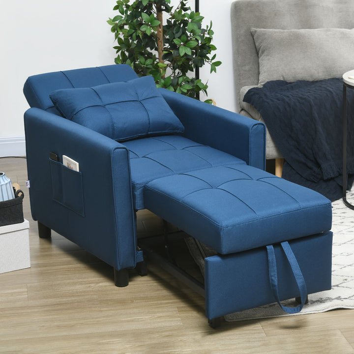 3-In-1 Convertible Chair Bed, Pull Out Sleeper Chair, Fold Out Bed with Adjustable Backrest, Side Pockets, Blue