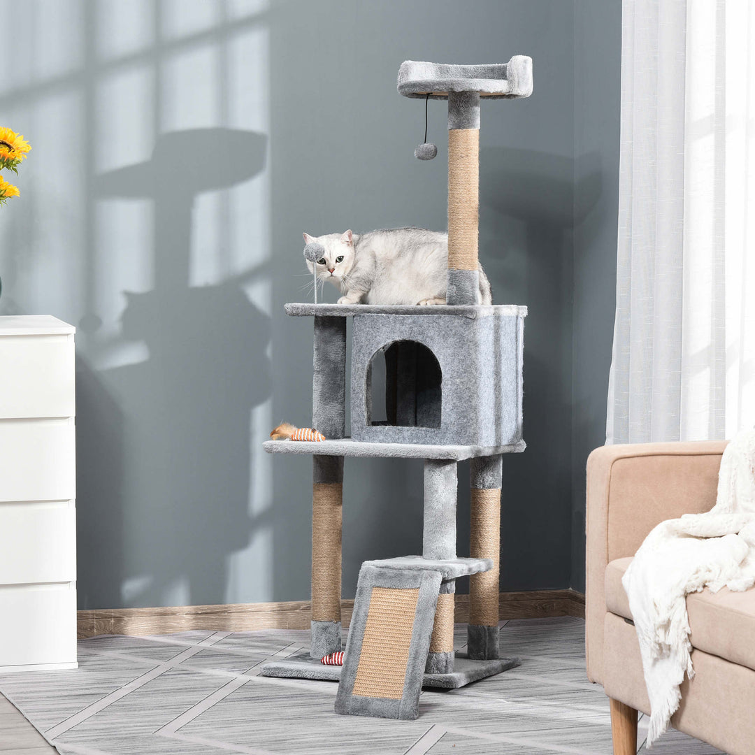 PawHut Cat Tree Tower 142cm Climbing Kitten Activity Center with Jute Scratching Post  Board Perch Roomy Condo Removable Felt Hanging Toy, Grey