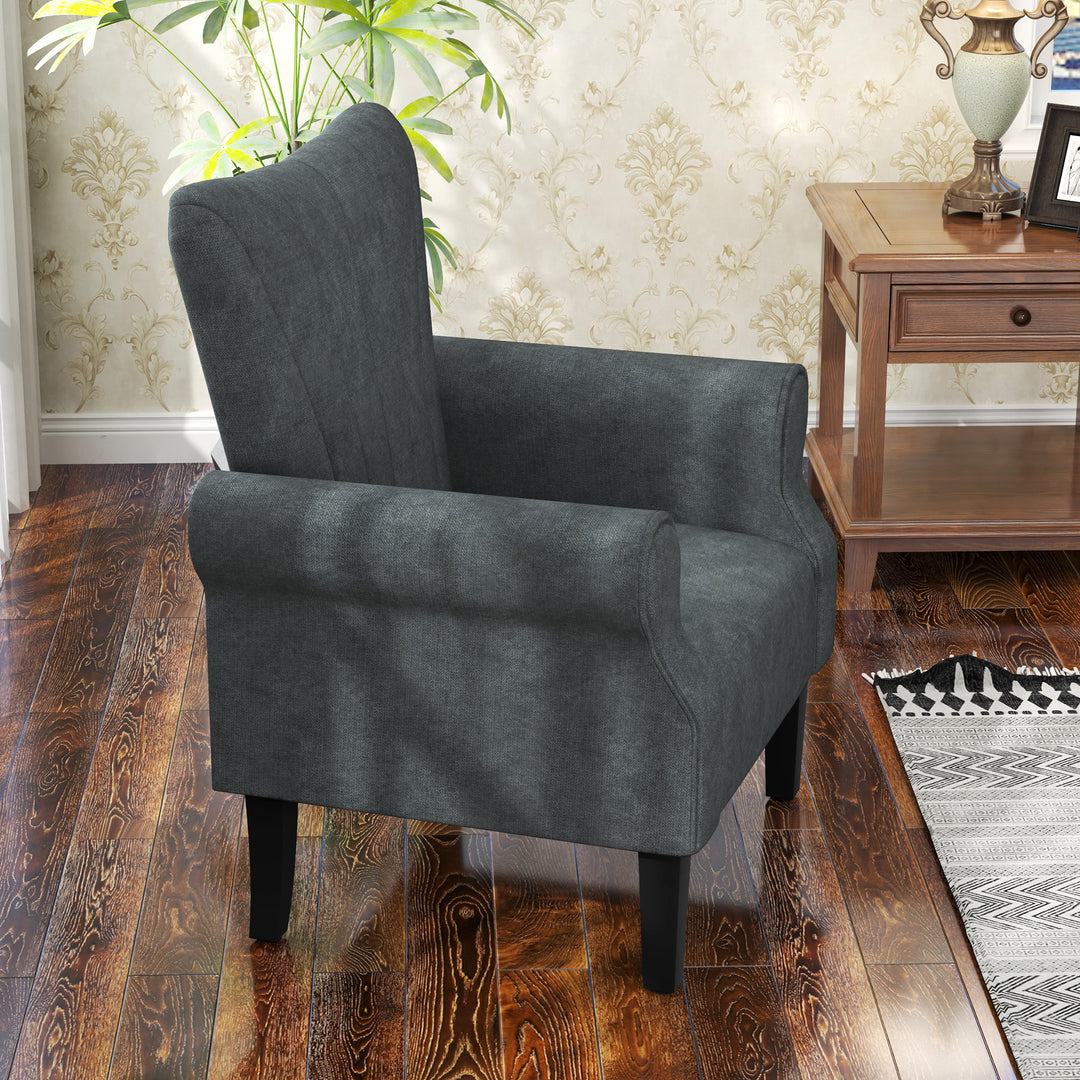 Upholstered Accent Chair with High Back, Rolled Arms and Wood Legs, Soft Thick Padded Armchair, Grey