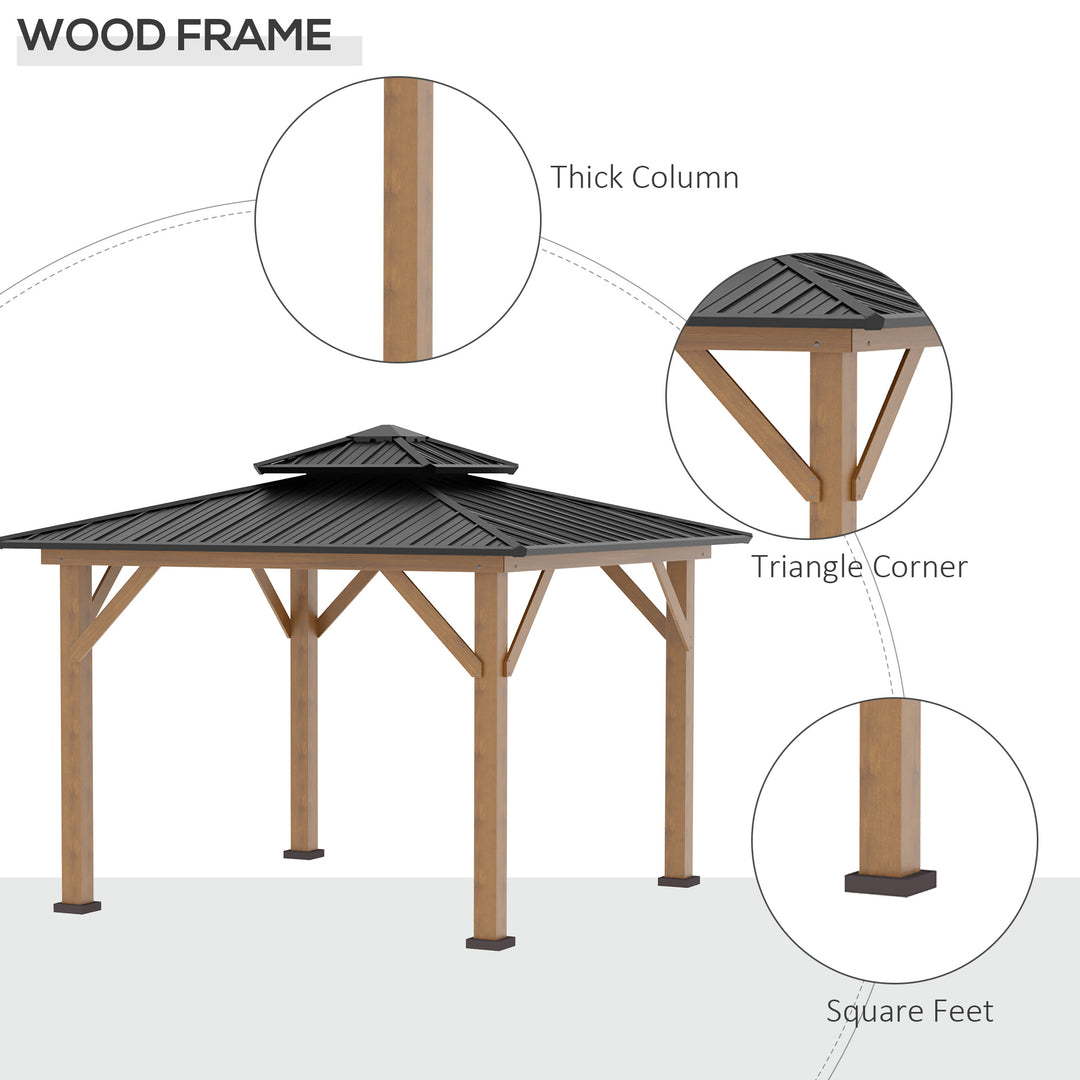 3.5 x 3.5m Outdoor Aluminium Hardtop Gazebo Canopy with 2-Tier Roof and Solid Wood Frame Outdoor Patio Shelter for Patio, Garden, Grey