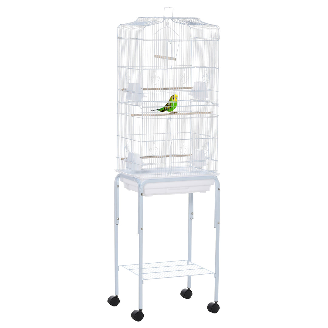 PawHut Metal Bird Parrot Cage w/ Breeding Stand Feeding Tray Wheels Parakeet Pet Supply White 47.5L x 37W x 153H (cm)