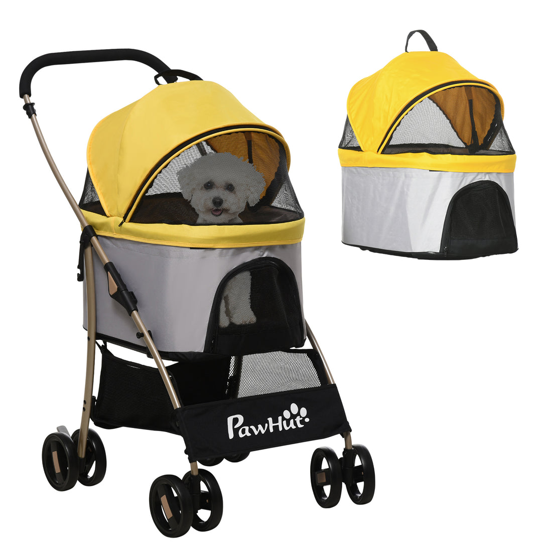 PawHut Detachable Dog Pushchair, 3-In-1 Dog Cat Travel Carriage, Foldable Carrying Bag with Universal Wheel Brake Canopy Basket Storage Bag, Yellow