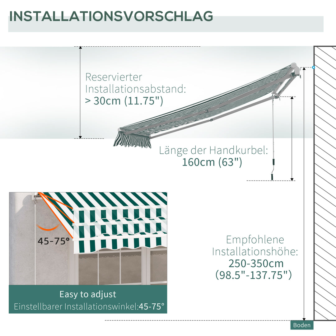 3m x 2.5m Garden Patio Manual Awning Canopy Sun Shade Shelter with Winding Handle Retractable - Green/White