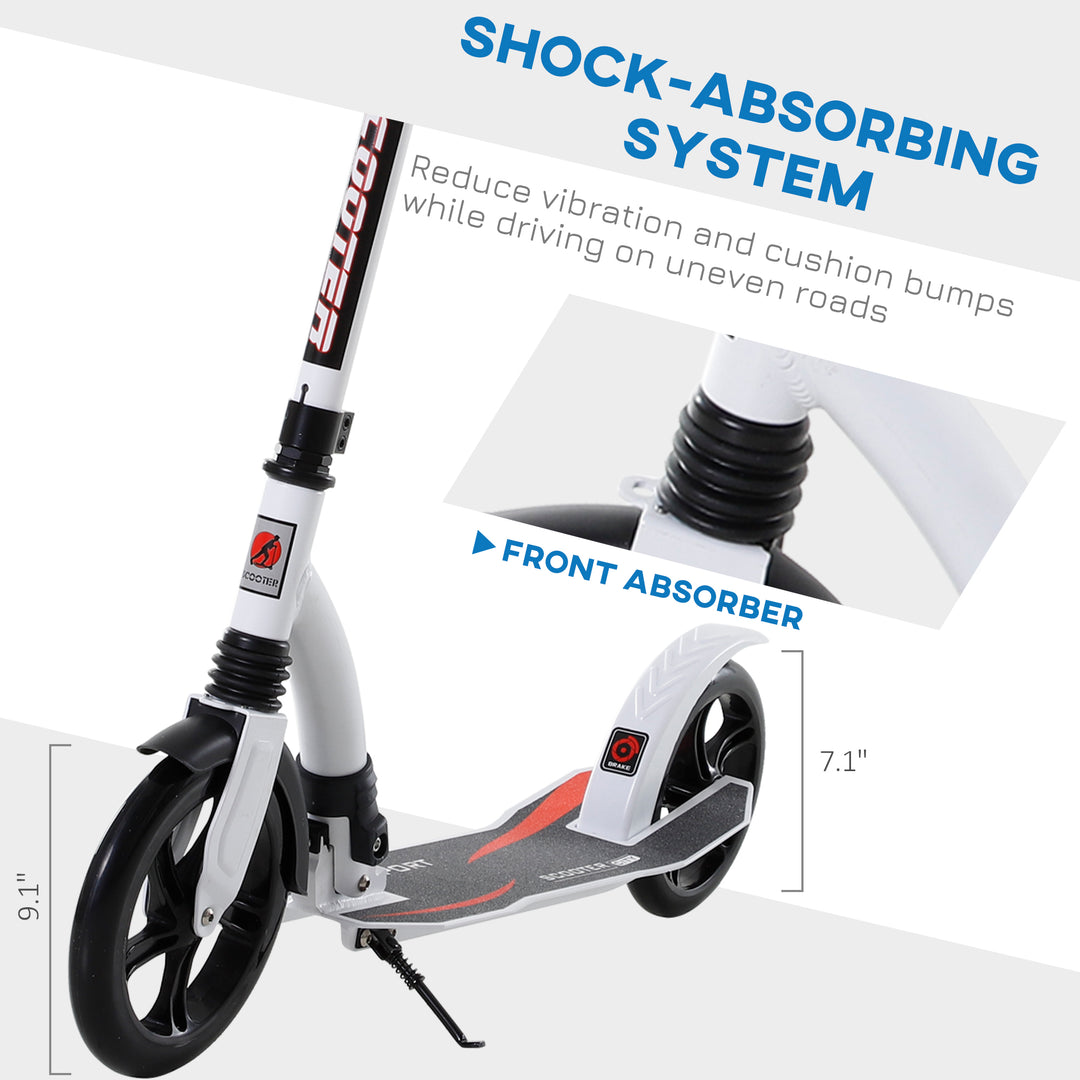 Teens Adult Kick Scooter w/ Shock Absorption Mechanism Foldable Adjustable Height Aluminium Frame Ride On Toy for 14+ - White