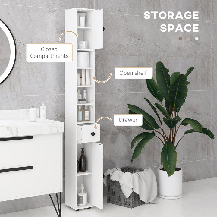 180cm Tall Slim Bathroom Cabinet, Narrow Toilet Roll Storage w/ Open Shelves, 2 Door Cabinets, Adjustable Shelves, for Kitchen, White