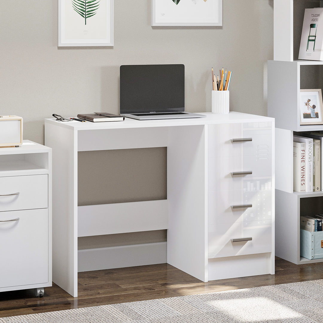 Computer Writing Desk with 4 Drawers, High Gloss Home Office Workstation, White