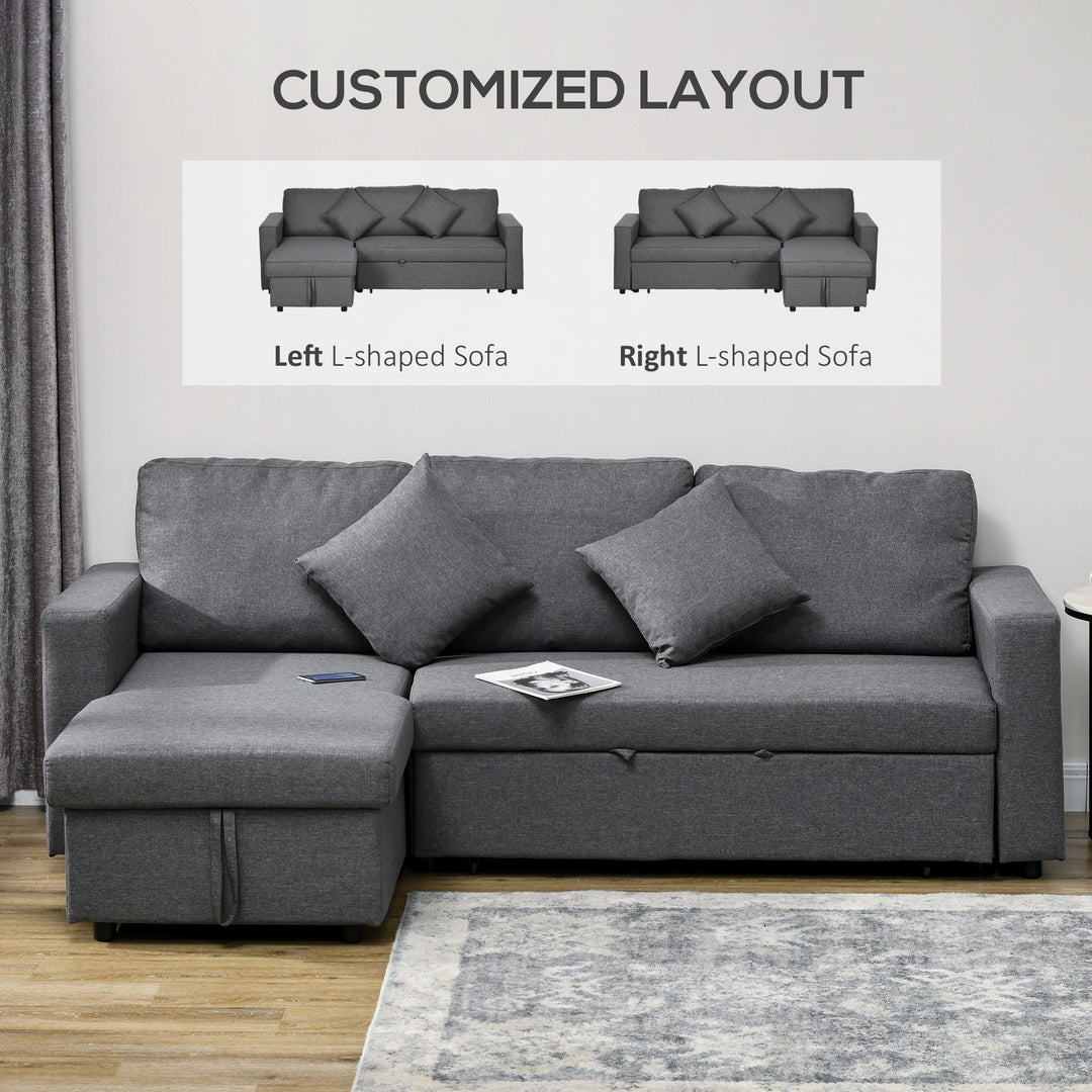 3 Seater Corner Sofa Bed with Storage, L Couches for Living Room with Chaise Lounge, Double Sofa, Grey