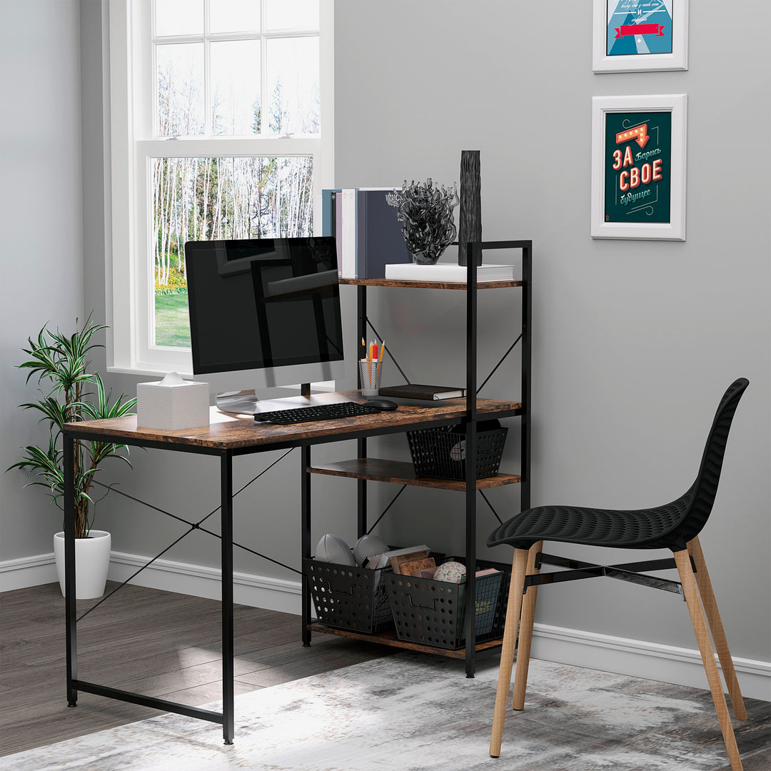 Computer Desk PC Table Study Workstation Home Office with 4-tier Bookshelf Storage Metal Frame Wooden Top (Rustic Brown & Black)