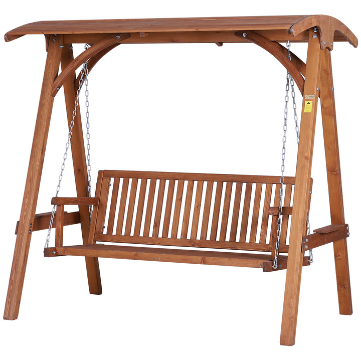 3-Seater Larch Wood Garden Swing Chair Bench Hammock Lounger with Wooden Canopy, Teak