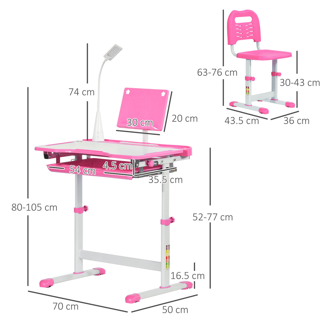 HOMCOM Kids Desk and Chair Set, Height Adjustable Study Desk with USB Lamp, Storage Drawer for Study, Pink and White