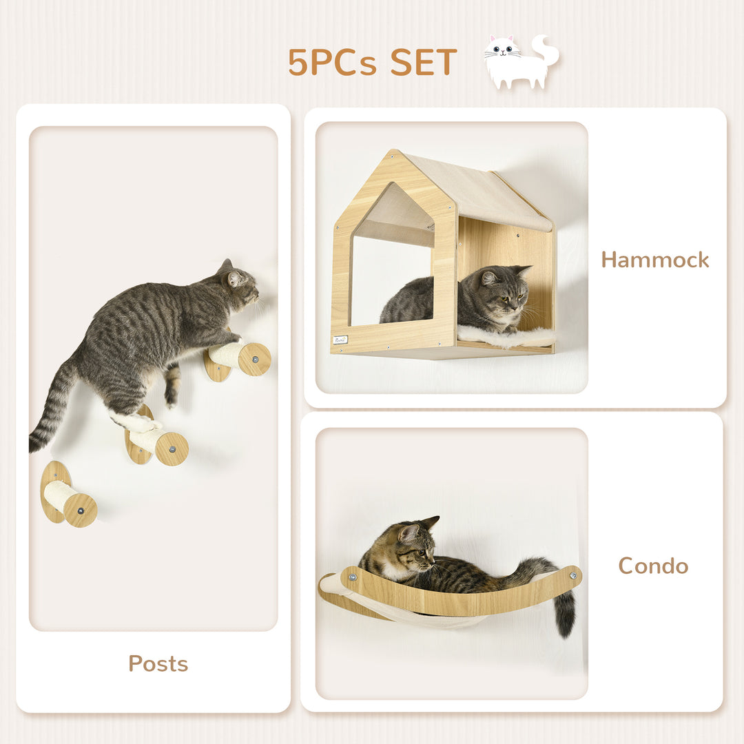 PawHut 5PCs Wall Mounted Cats Shelves, Cat Climbing Shelf Set, Kitten Activity Center with Condo Hammock Scratching Post, Oak