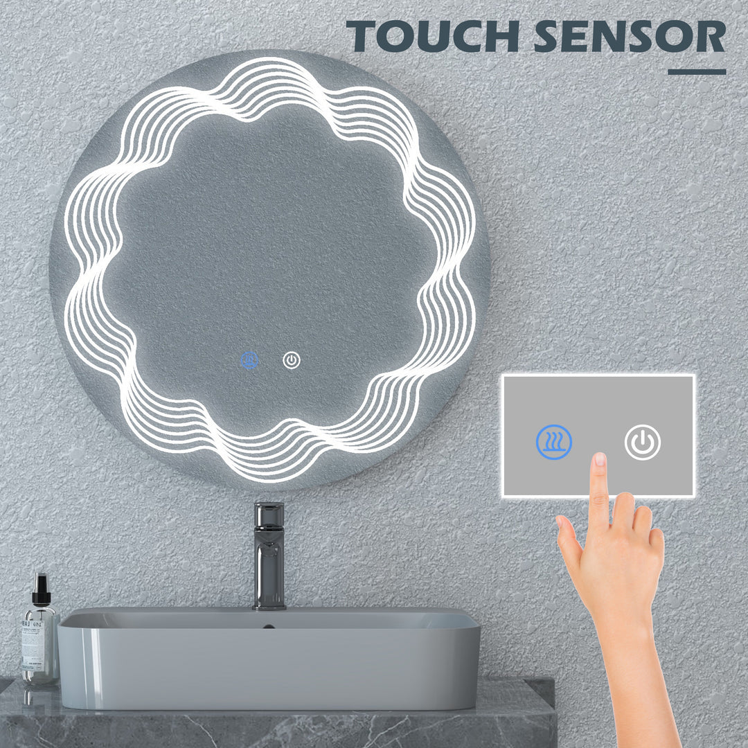 kleankin Round Illuminated Bathroom Mirrors w/ LED Dimming Lighted , Wall Mounted Vanity Mirror w/ 3 Colour, Smart Touch, Anti-Fog, 60cm