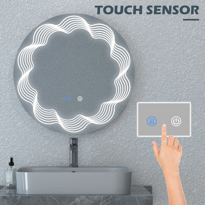 kleankin Round Illuminated Bathroom Mirrors w/ LED Dimming Lighted , Wall Mounted Vanity Mirror w/ 3 Colour, Smart Touch, Anti-Fog, 60cm