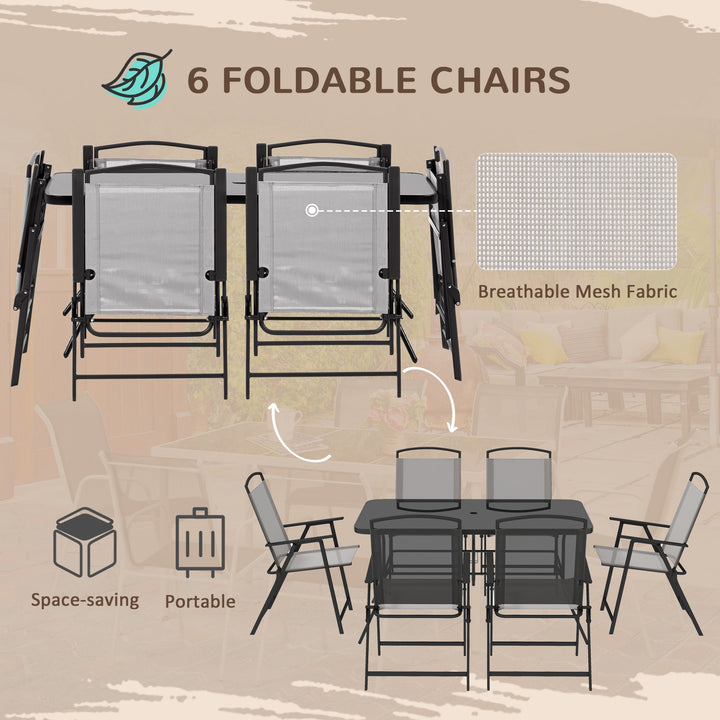 7 Piece Garden Furniture Set with Glass Dining Table and Folding Chairs, 6 Seater Outdoor Patio Furniture for Deck and Balcony, Black