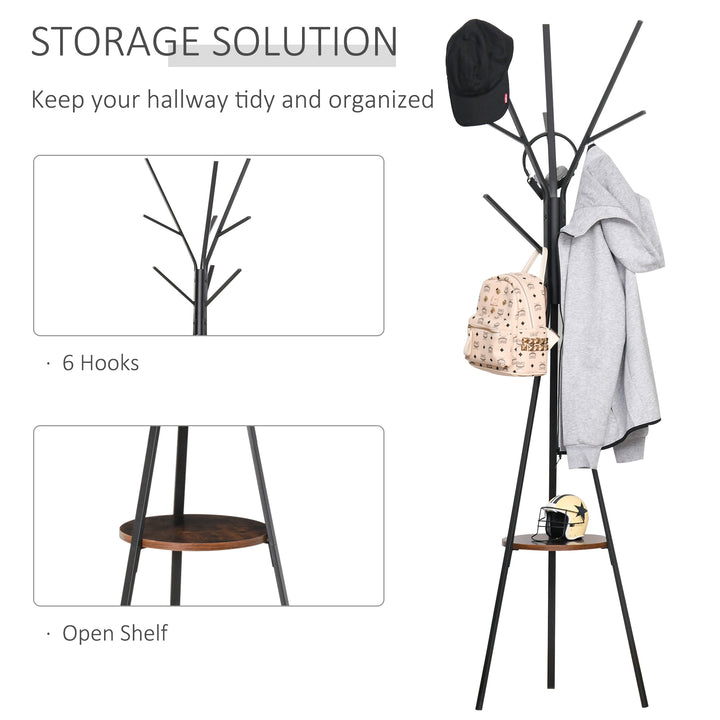 HOMCOM 180cm Free Standing Metal Coat Rack Stand 9 Hooks Clothes Tree with 1 Shelf Hat Display Hall Tree Hanger Bag Umbrella Hanging Organiser, Brown