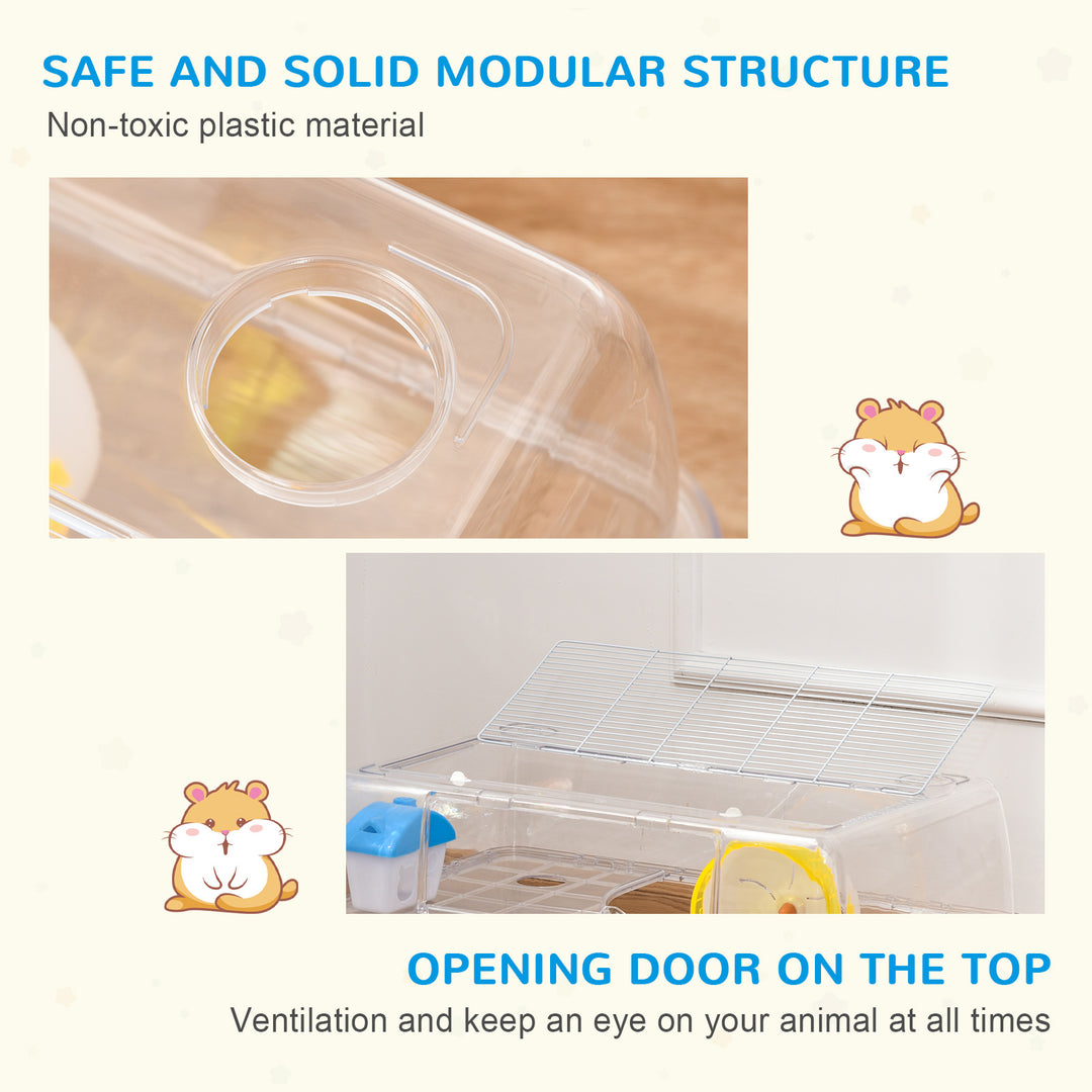 PawHut Portable 2 Storey Hamster Cage Small Pet Animal Cage Double Layers w/ Running Wheel Drinker Feeding Bowl