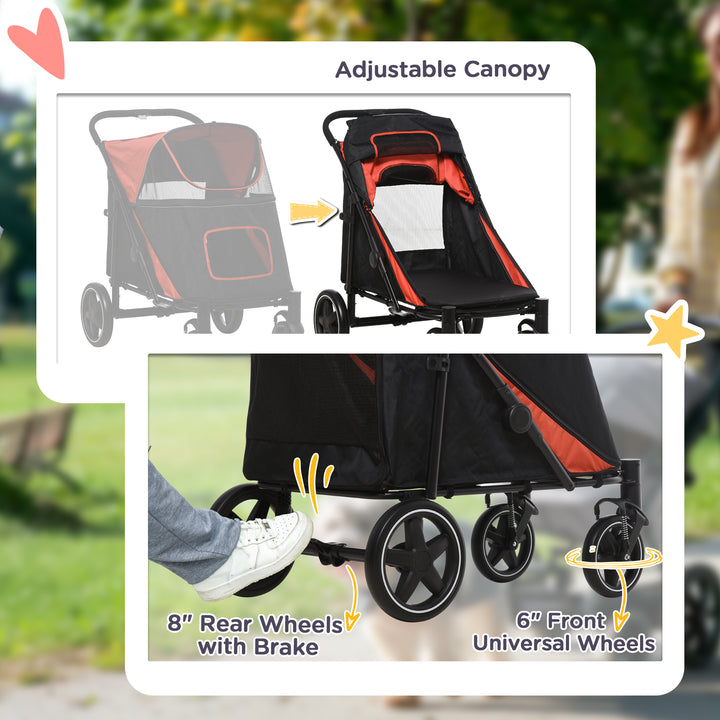 PawHut Pet Stroller with Universal Front Wheels, Shock Absorber, One Click Foldable Dog Cat Carriage with Brakes, Storage Bags, Mesh Window Red