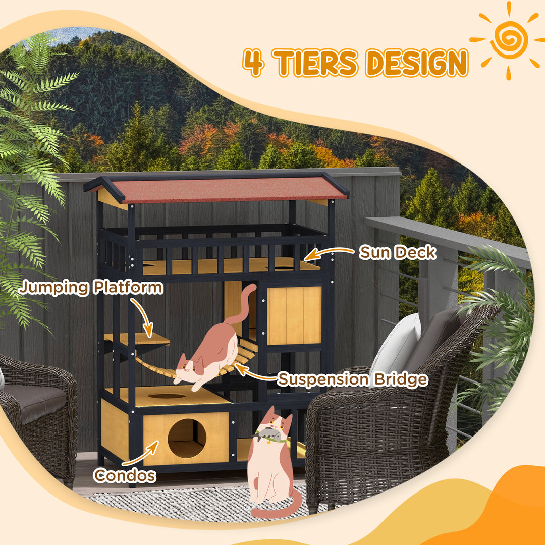 Outdoor Cat Shelter, Wooden Feral Cat House, with Suspension Bridge