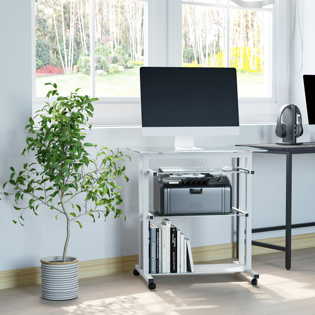 Computer Desk Glass Table Workstation Laptop pc desk mobile  with wheels White