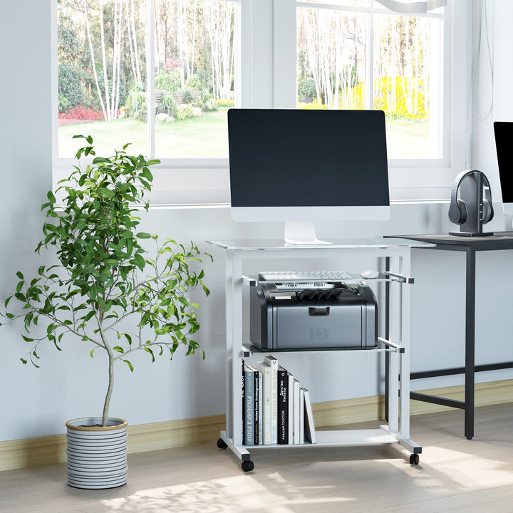 Computer Desk Glass Table Workstation Laptop pc desk mobile  with wheels White