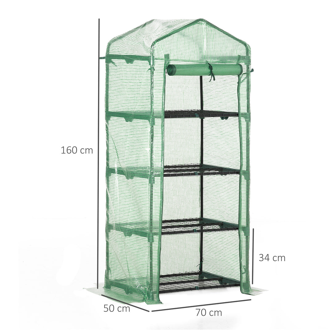 Outsunny 4 Tier Mini Greenhouse, Portable Green House with Steel Frame, PE Cover, Roll-up Door, 70 x 50 x 160 cm, Green