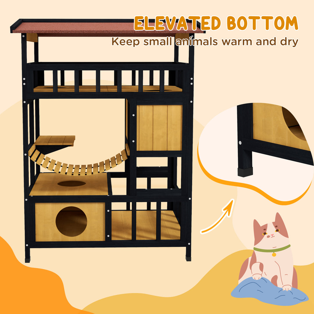 Outdoor Cat Shelter, Wooden Feral Cat House, with Suspension Bridge