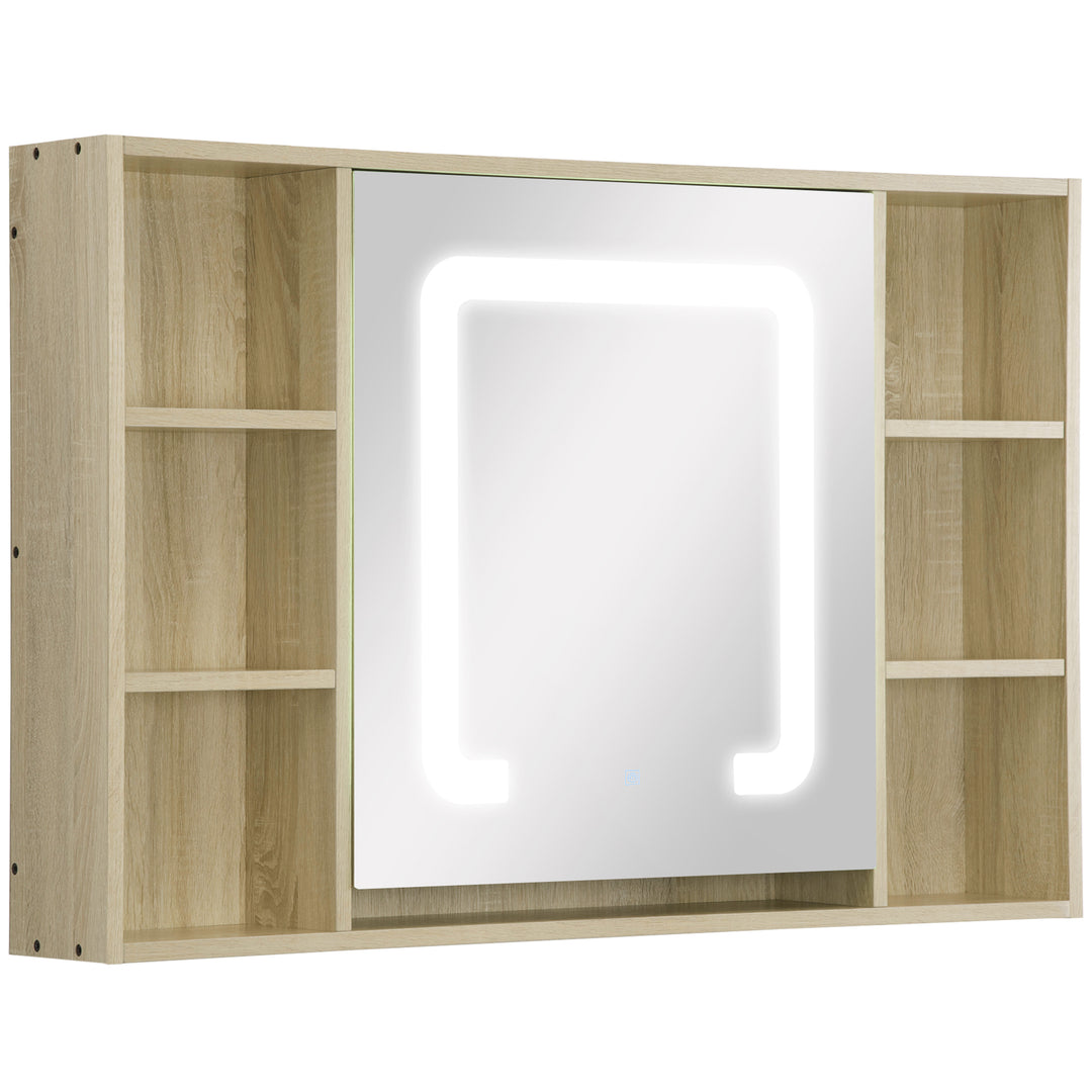 kleankin LED Bathroom Mirror Cabinet, Wall Mounted Dimmable Medicine Cabinet with Adjustable Shelf and Mirrored Door, Natural