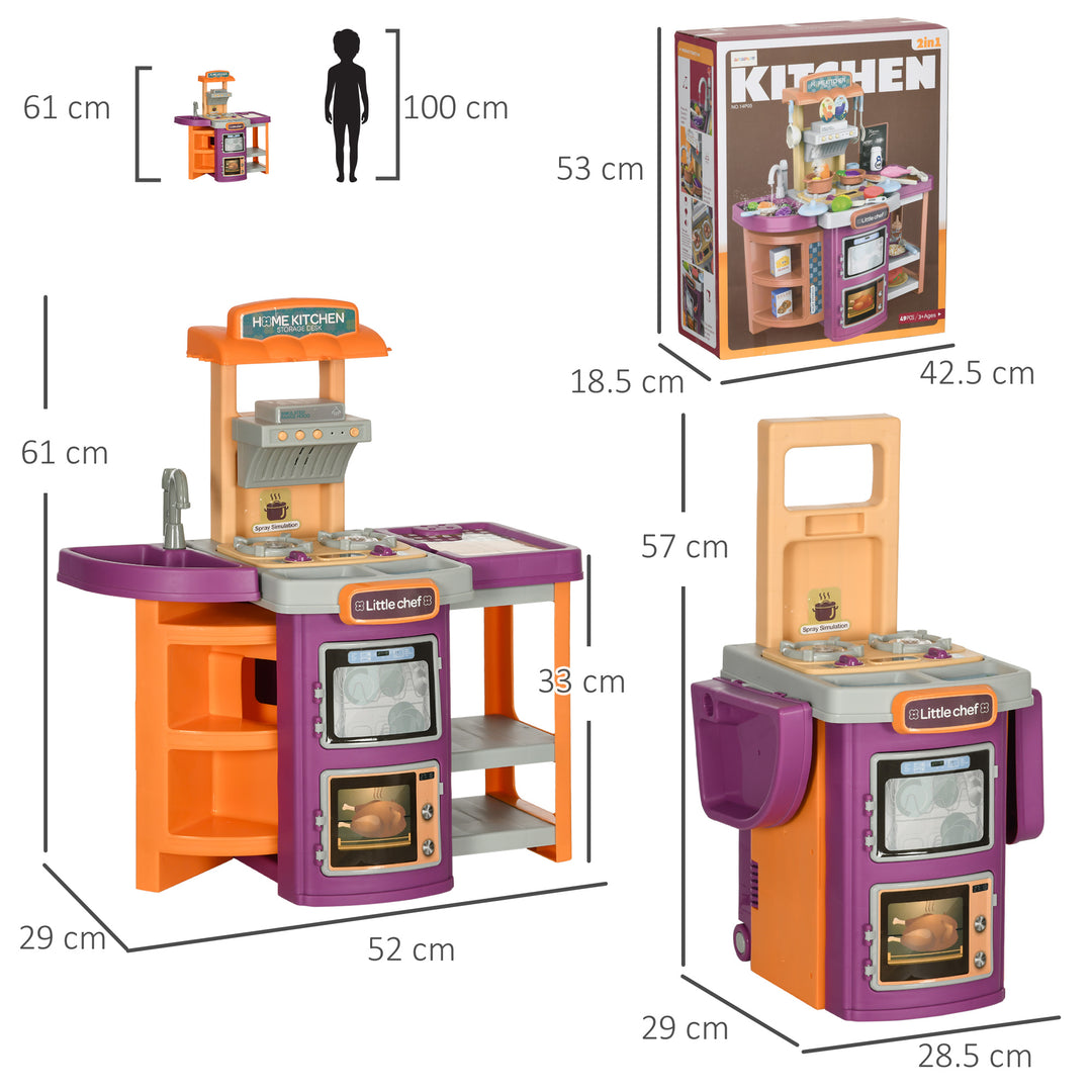 Toy Kitchen, 49 Pieces Kids Play Kitchen, Children Trolley, with Sound and Light